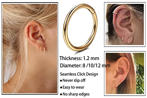 Unisex Dainty Tiny 18k Real Gold Plating Cartilage Huggie Hoop Earrings, 16G Surgical Steel Small Endless Hinged Hoops Earring for Earlobe Cartilage Helix Rook Daith Conch Nose Lip Body Piercing Jewelry - color: Gold 8/10/12mm
