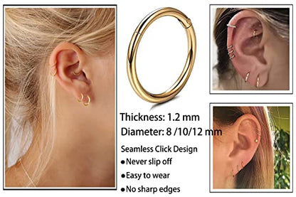 Unisex Dainty Tiny 18k Real Gold Plating Cartilage Huggie Hoop Earrings, 16G Surgical Steel Small Endless Hinged Hoops Earring for Earlobe Cartilage Helix Rook Daith Conch Nose Lip Body Piercing Jewelry - color: Gold 8/10/12mm