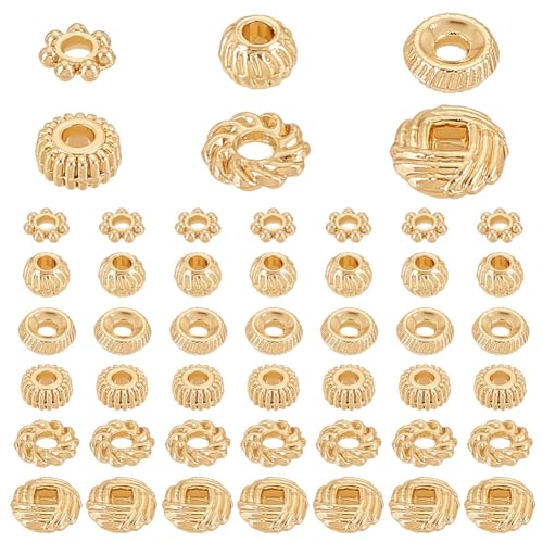 PH PandaHall 300PCS Gold Spacer Beads 6 Style Alloy Jewelry Bead Charm Spacers Wreath Beads Rondelle Disc Loose Beads for Jewelry Making DIY Bracelets Necklace and Crafting - color: Gold Flat