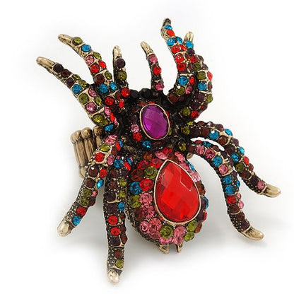 Avalaya Oversized Multicoloured Diamante Spider Stretch Cocktail Ring In Antique Gold Plating
