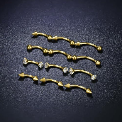 Rook Daith Piercing Jewelry 16G Stainless Surgical Steel Curved Barbell Eyebrow Rings Vertical Labret Lip Piercing Jewelry Rook Daith Earrings for Women Men 6MM 8MM 10MM Hypoallergenic - color: Gold-6MM 8MM 10MM