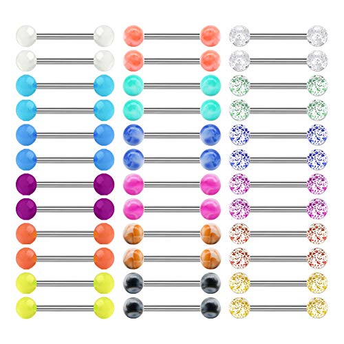 Mayhoop 14G 36Pcs Stainless Steel Nipple Rings Tongue Rings Straight Barbell Bars Piercing 14mm 16mm 18mm in Length for Women Men - color: Stainless - 14mm (9/16")
