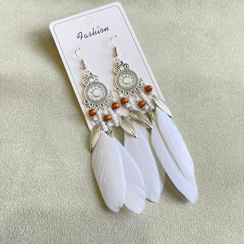 Boho Western Earrings for Women Western Feather Earrings Vintage Concho Turquoise Teardrop Dangle Earrings Country Concert Jewelry Accessories - style: White feather