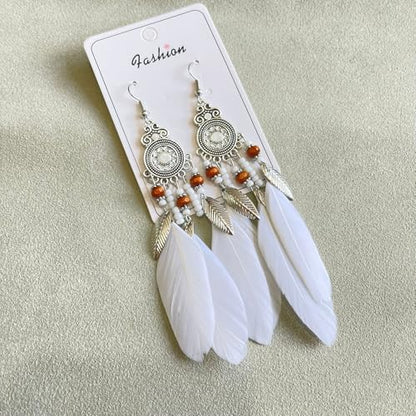 Boho Western Earrings for Women Western Feather Earrings Vintage Concho Turquoise Teardrop Dangle Earrings Country Concert Jewelry Accessories - style: White feather