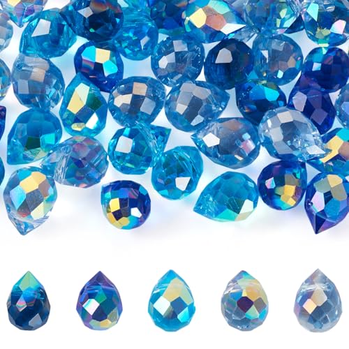 Beadthoven 50pcs Blue Crystal Beads Glass Teardrop Spacers Charms Shiny Crystal Spacers for Jewelry Making Colorful Faceted Suncatcher Beads for DIY Necklace Bracelet Earring Crafts Winter Holiday - color: Blue