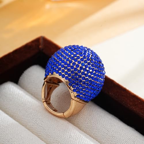 Gold Snowball Rhinestone Cocktail Ring – Adjustable Stretch Sparkling Party Jewelry for Women, Elegant Costume Ring for Evening Wear, Wedding, Prom - color: blue