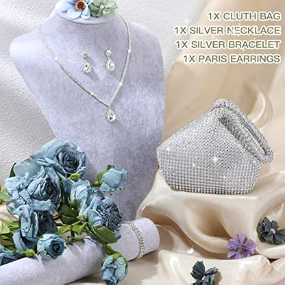 4 Pcs Silver Clutch Purse Jewelry Set for Women Rave Accessories Evening Rhinestone Purse Silver for Bride Wedding - style: Novel Style