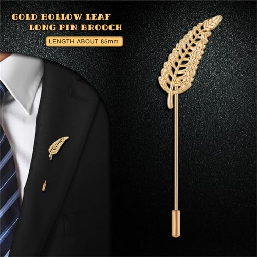 Dreuyet Simple Gold Silver Plated Long Brooch Pins with Cute Animal Antlers Leaves Plant Bees Rabbits Rose Flower Feather Brooch Jewelry for Women Men Elegant Suit Collar Lapel Pin - style: Hollow Leaf