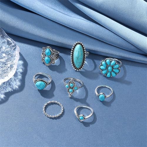 Bohemian Turquoise Ring Set for Women,Vintage Western Rings Chunky Turquoise Opal Stackable Knuckle Ring Set Punk Midi Finger Ring Pack Boho - style: Ring set-C