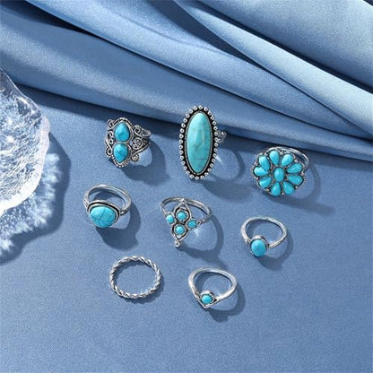 Bohemian Turquoise Ring Set for Women,Vintage Western Rings Chunky Turquoise Opal Stackable Knuckle Ring Set Punk Midi Finger Ring Pack Boho - style: Ring set-C