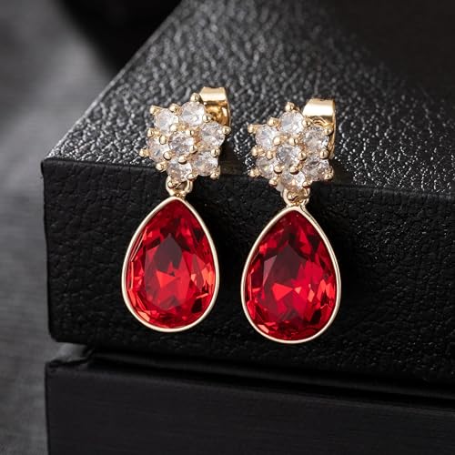 Elegant Austrian Crystal Teardrop Dangle Earrings for Women,14K Gold Plated Flower Drop Earrings Jewelry Gift for Birthday Wedding Anniversary - color: Red