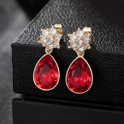 Elegant Austrian Crystal Teardrop Dangle Earrings for Women,14K Gold Plated Flower Drop Earrings Jewelry Gift for Birthday Wedding Anniversary - color: Red