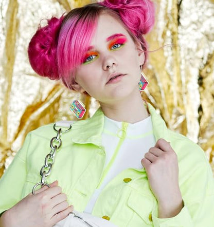 3Pairs 80s Earrings for Women Retro, Retro Cassette Tape Hoop 80s Earrings for Women, Lightweight Acrylic Dangle Earring for Costume & Party (Candy Colors)