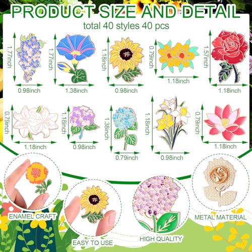 Giegxin 40 Pcs Flower Enamel Pins for Backpacks Floral Lapel Pins Bulk Cute Wildflower Rose Spring Sunflower Tulip Lily Hydrangeas Brooch for Women Mothers Teachers Nurse Gifts - style: Floral