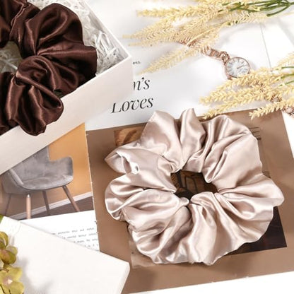 2 PCS Brown Jumbo Satin Silky Scrunchies 6.5 Inches Oversized Scrunchie Extra Large Big Hair Ties Ponytail Holder for Thick Curly Hair Women (Brown, Pink Taupe) - color: Brown, Pink Taupe