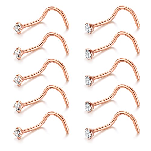 Briana Williams Nose Studs Nose Rings for Women 18G 20G Corkscrew Nose Ring Stainless Steel Nose Screw Studs Nose Rings Studs Surgical Steel Nostril Nose Piercing Jewelry - color: A -20g, rose gold
