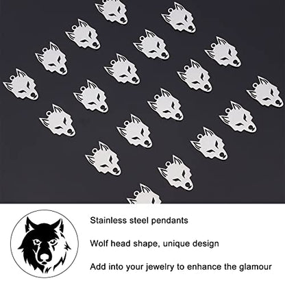 UNICRAFTALE 20pcs Wolf Pattern Charms Stainless Steel Pendants Metal Animal Charm for Bracelets Necklaces Jewelry Making, Stainless Steel Color, Hole 1.4mm - size: 18.5mm long