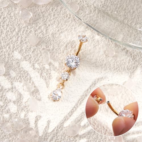 G23 Titanium Belly Button Rings Dangle CZ Belly Rings Curved Navel Rings Teardrop Internally Threaded Cute Belly Piercing 8mm-16mm - color: Style B| Gold, size: 16MM