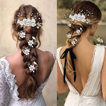 5 PCS Bridal Flower Wedding Hair Pins Crystal Pearl Hair Clips Headpiece Gold Wedding Hair Accessories Jewelry with Rhinestone for Brides Bridesmaids Women Girls Updo (Pure White Flower) - color: Flourish Flowers Series&Pure White Flower