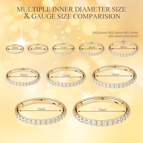 PEAKLINK Nose Ring 316L Surgical Steel Helix Cartilage Conch Earring with Gem Septum Clicker Daith Rook Tragus Lip Belly Ear Lobe Piercing Jewelry Nose Hoop, Diameter 5mm to 12mm - color: Gold with Clear CZ