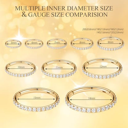 PEAKLINK Nose Ring 316L Surgical Steel Helix Cartilage Conch Earring with Gem Septum Clicker Daith Rook Tragus Lip Belly Ear Lobe Piercing Jewelry Nose Hoop, Diameter 5mm to 12mm - color: Gold with Clear CZ