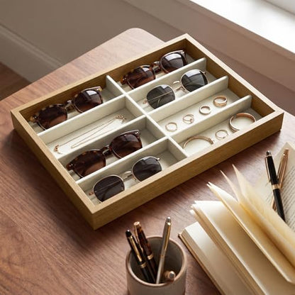 Stratalife 8 Grids Drawer Sunglasses Organizer Tray, Beige Velvet | Stackable Eyeware Storage Case with Removable Dividers, Wood Jewelry Display Case for Necklace Bracelet, 13.78x9.5x1.2 Inch - color: Beige-01