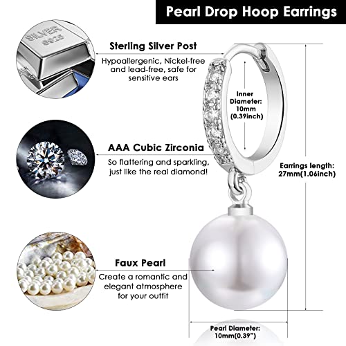 CERSLIMO Pearl Drop Earrings for Women | S925 Sterling Silver Post Simulated Shell Pearl Hoop Dangle Earrings, Hypoallergenic Cubic Zirconia Huggies Earrings Bridesmaid Jewelry - style: 01 Silver-Round