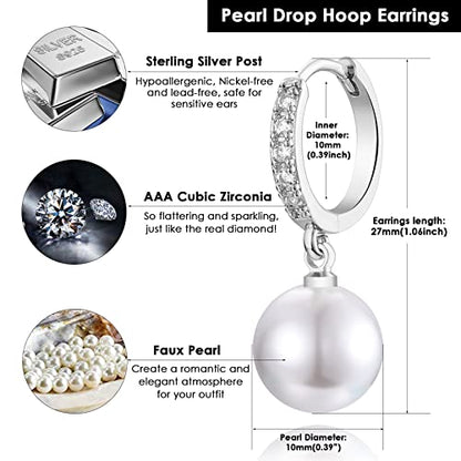 CERSLIMO Pearl Drop Earrings for Women | S925 Sterling Silver Post Simulated Shell Pearl Hoop Dangle Earrings, Hypoallergenic Cubic Zirconia Huggies Earrings Bridesmaid Jewelry - style: 01 Silver-Round