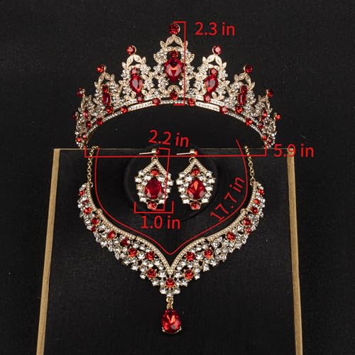 Crowns and Tiaras jewelry sets for Wedding princess birthday party Halloween Prom Pageant Jewelry for Women Crystal Bridal Jewelry Set for women - color: Gold Red