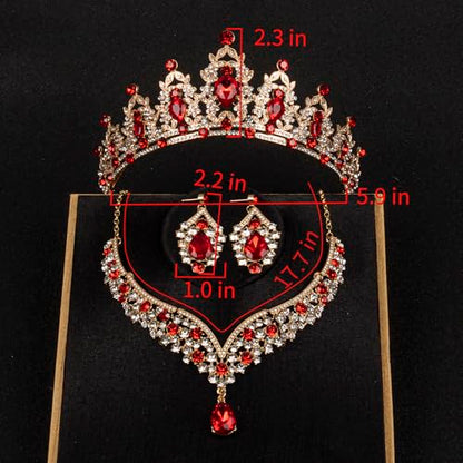 Crowns and Tiaras jewelry sets for Wedding princess birthday party Halloween Prom Pageant Jewelry for Women Crystal Bridal Jewelry Set for women - color: Gold Red