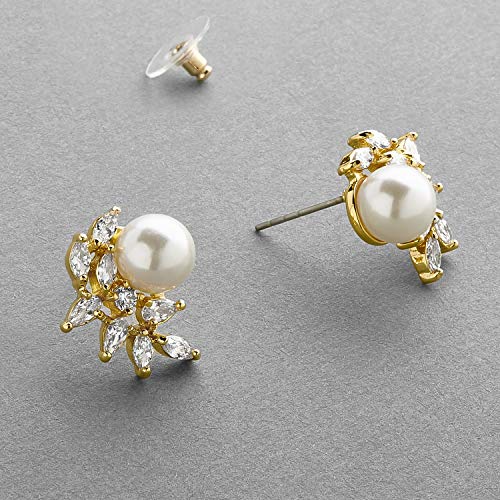 Mariell Pearl & Marquise CZ Crystal Wedding Earrings for Bride, Bridesmaids & Mother of the Bride - color: Gold