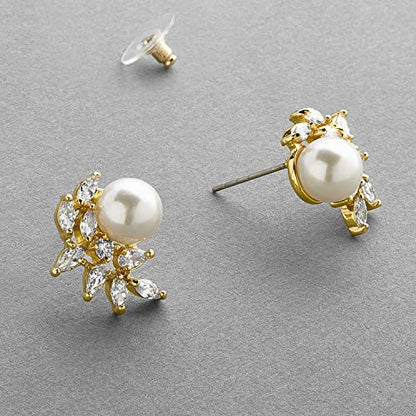 Mariell Pearl & Marquise CZ Crystal Wedding Earrings for Bride, Bridesmaids & Mother of the Bride - color: Gold