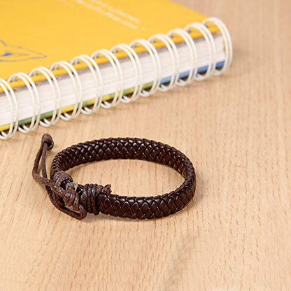 Flongo 2PCS Men's Womens Braided Black & Brown Leather Rope Woven Wrap Surfer Cuff Bracelets Set, Fit 7.6-10.6 inch Wrist