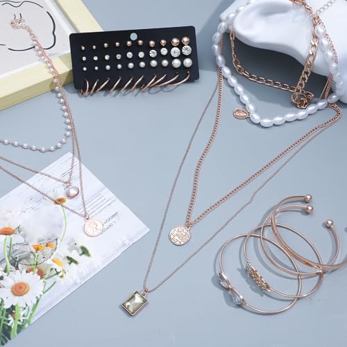NEWITIN 49 Pieces Gold Jewelry Set for Women Fashion Costume Jewelry Gold Plated Necklace Bracelet Ring Earrings Set for Women - color: Rose Gold Jewelry Set