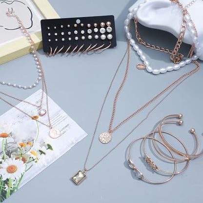 NEWITIN 49 Pieces Gold Jewelry Set for Women Fashion Costume Jewelry Gold Plated Necklace Bracelet Ring Earrings Set for Women - color: Rose Gold Jewelry Set