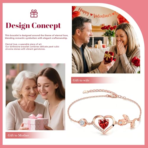 1CT Rose Heart Birthstone Bracelet for Women Love Gift - style: 01/07-Jan/July Ruby Rose Gold