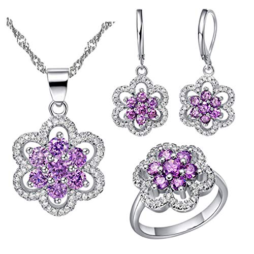 Uloveido Women's Platinum Plated Cubic Zirconia Flower Pendant Necklace Hoop Earrings and Rings Set Crystal Wedding Jewelry T489 - color: Purple