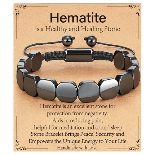 Hematite Bracelet for Men, Natural Hematite Stone Handmade Braided Rope Bracelets Healing Grounding Balance Inspirational Jewelry Birthday Gift for Him - color: Hematite-1