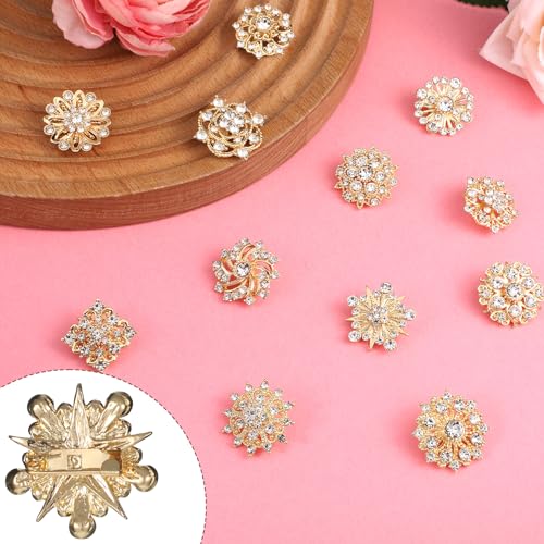 12Pcs Crystal Rhinestone Flower Brooch Pins Set, Wedding Brooches For Women - color: Gold