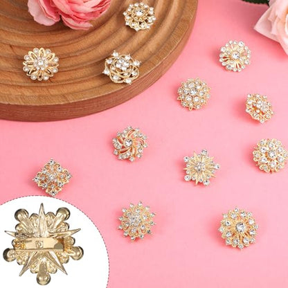 12Pcs Crystal Rhinestone Flower Brooch Pins Set, Wedding Brooches For Women - color: Gold