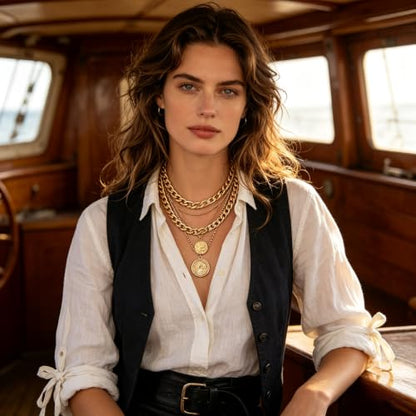 Gold Layered Necklaces for Women Trendy Retro Coin Pendant Choker Necklace