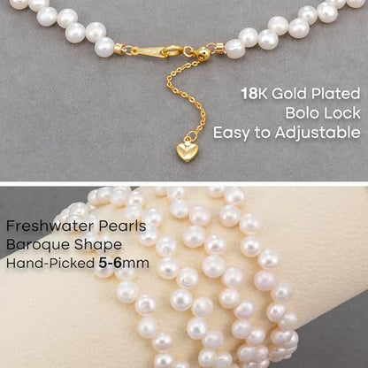 Natural Pearls Necklace, Freshwater Baroque Pearls Necklace for Women's Pearl Strand Choker Necklace 18K Gold Plated & S925 Sterling Silver Clasp White Necklace Chain - color: White Side-Drilled, 5-6mm, 18KGP Lock