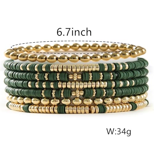 Heishi Clay Bead Bracelets Pack for Women Boho Friendship Stretch Bracelets Set Stackable Gold Beads Bracelets Jewelry for Gift - color: green