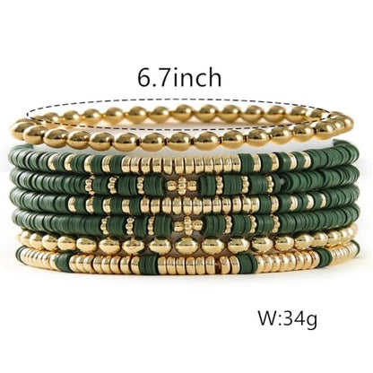 Heishi Clay Bead Bracelets Pack for Women Boho Friendship Stretch Bracelets Set Stackable Gold Beads Bracelets Jewelry for Gift - color: green