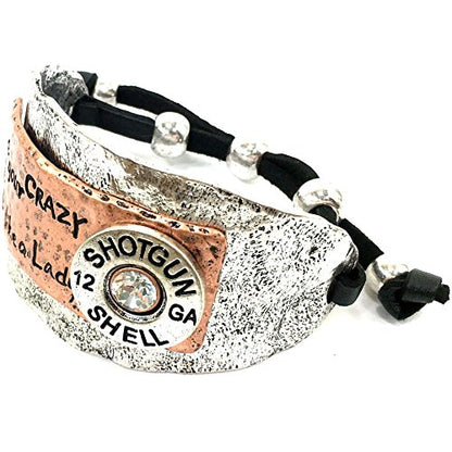 Western Peak Hammered Plate Hide Your Crazy Act Like a Lady 12 Gauge Shotgun Shell Leather Cuff Bracelet Necklace - color: Silver
