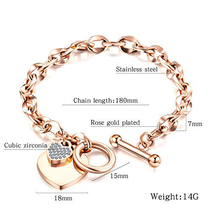 kelistom 316L Stainless Steel Love Heart Charm Bracelet for Women Romantic Gift Silver/Rose/18k Gold Plated OT Clasp Bracelets - color: rose gold-1