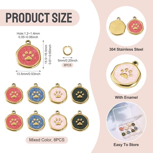 8Pcs Flat Round Dog Paw Print Enamel Charms Pendant, Cute Animal Footprint Golden Stainless Steel Dangle Charm with Jump Ring for DIY Necklace Earring Keychain Jewelry Making - color: Dog Paw Print