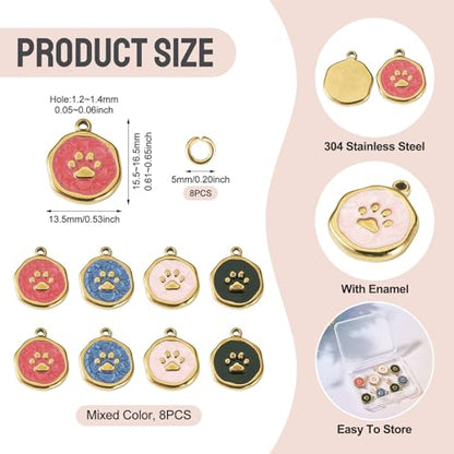 8Pcs Flat Round Dog Paw Print Enamel Charms Pendant, Cute Animal Footprint Golden Stainless Steel Dangle Charm with Jump Ring for DIY Necklace Earring Keychain Jewelry Making - color: Dog Paw Print