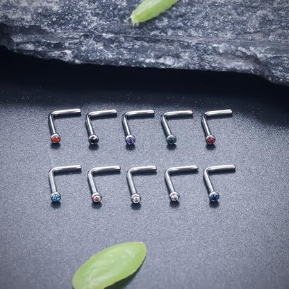 Ruifan ASTM F136 Titanium Nose Rings 18G 20G 22G Jeweled Mix Color Cubic Zirconia Nose Studs Ring Screw L-Shaped Bone Hypoallergenic Body Piercing Jewelry for Women 1.5mm 2mm 2.5mm 3mm 10PCS - style: L-Shaped:20G(0.8mm)-1.5mm CZ