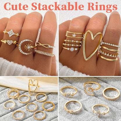 57 Pcs Gold Jewelry Set for Women,12 Pair Hoop Earrings，18 Pair Round Stud Earrings,21 Pcs Stackable Knuckle Rings,6 Pcs MultiLayer Pendant Necklaces，Fashion Accessories for women Gifts - style: Style 2